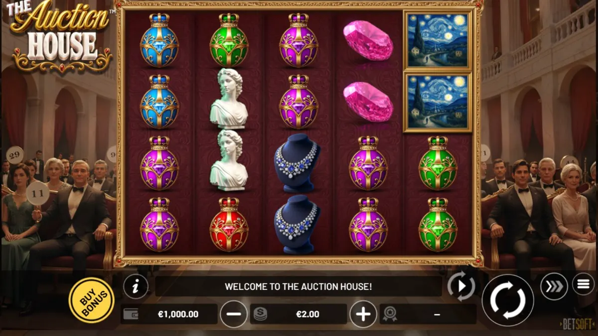 Interface do jogo de slot The Auction House com elementos luxuosos