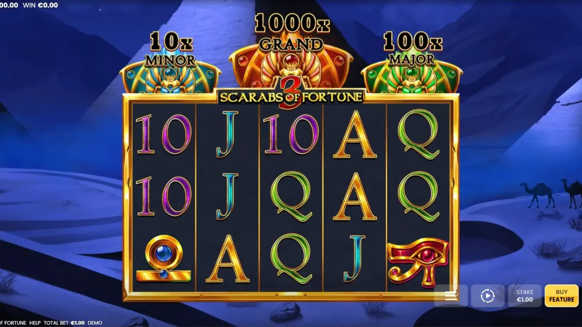Interface de jogo móvel do slot 3 Scarabs of Fortune exibindo escaravelhos dourados e jackpots